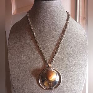 Large Modernist Pendant Necklace, Copper & Silver-toned,  Moderate Wear